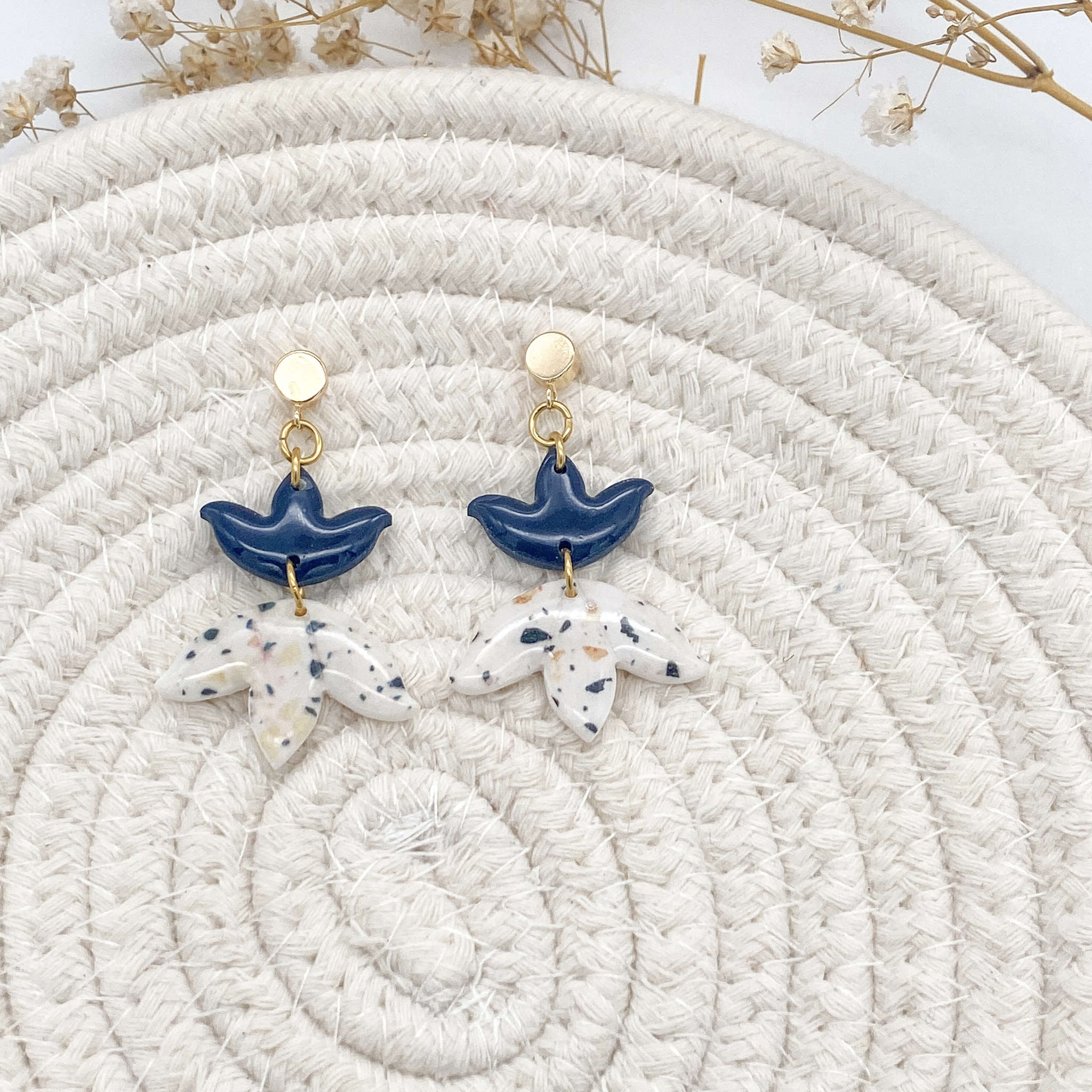 Blue Terrazzo Lotus Drop Dangly Earrings