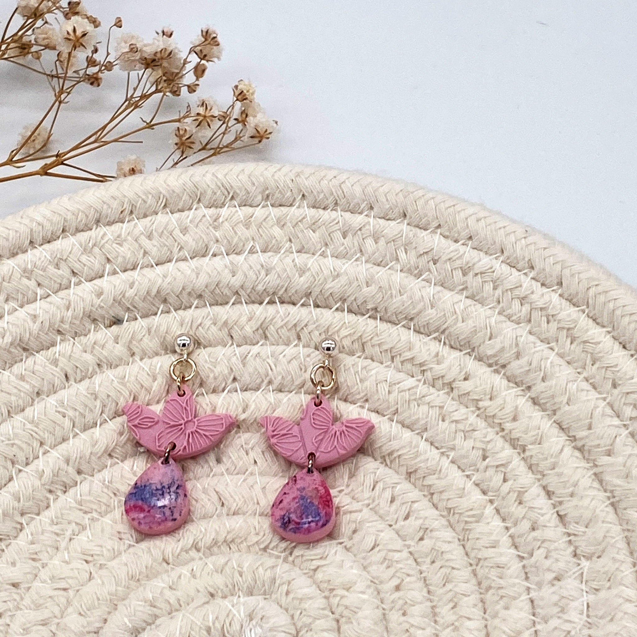 Baby Pink and Warm Floral Double Drop Earrings - The Suffolk Crafter