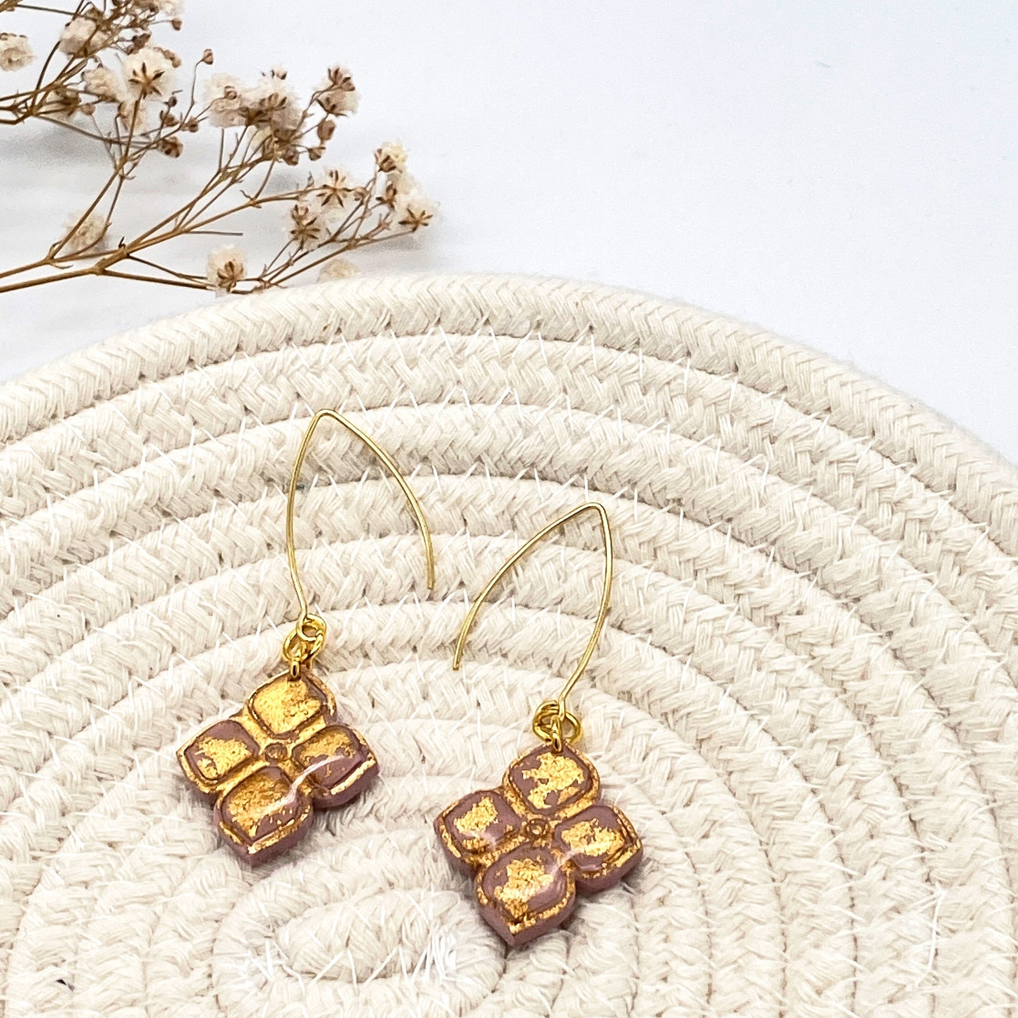 Large Dusty Pink and Gold Clover Drop Earrings - The Suffolk Crafter