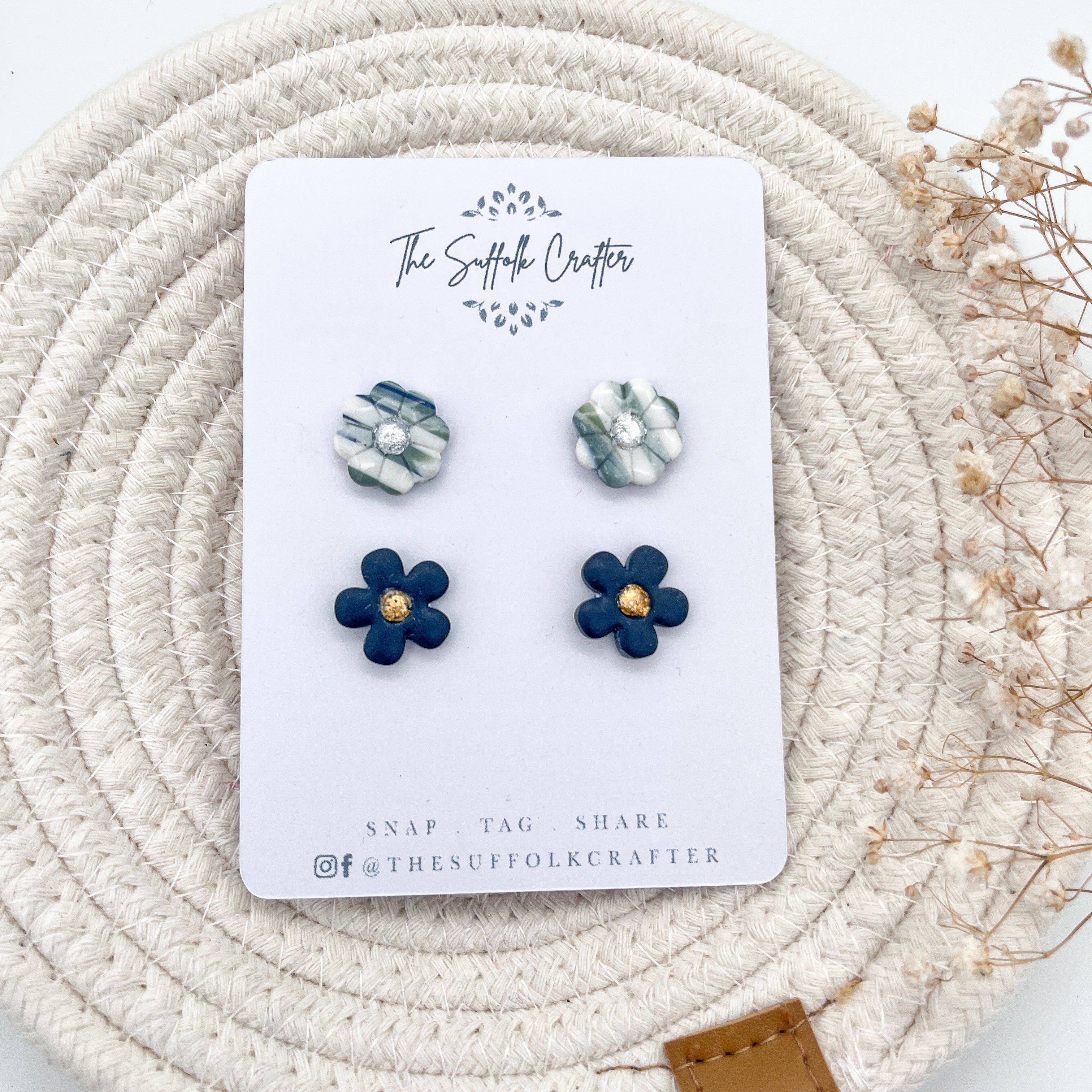 2 Pairs of Blue and Green Flower Stud Earrings