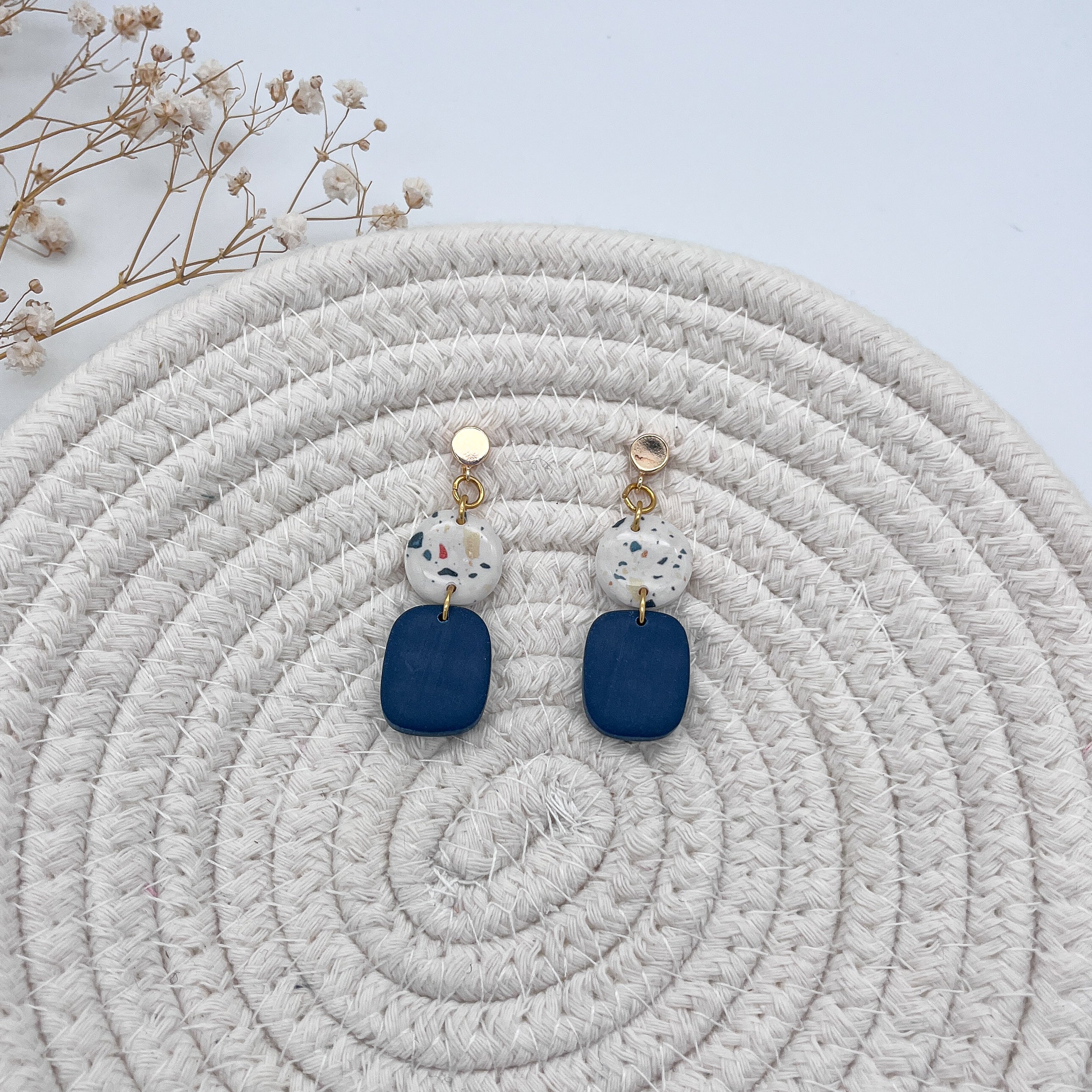 Blue Terrazzo Double Drop Dangly Earrings