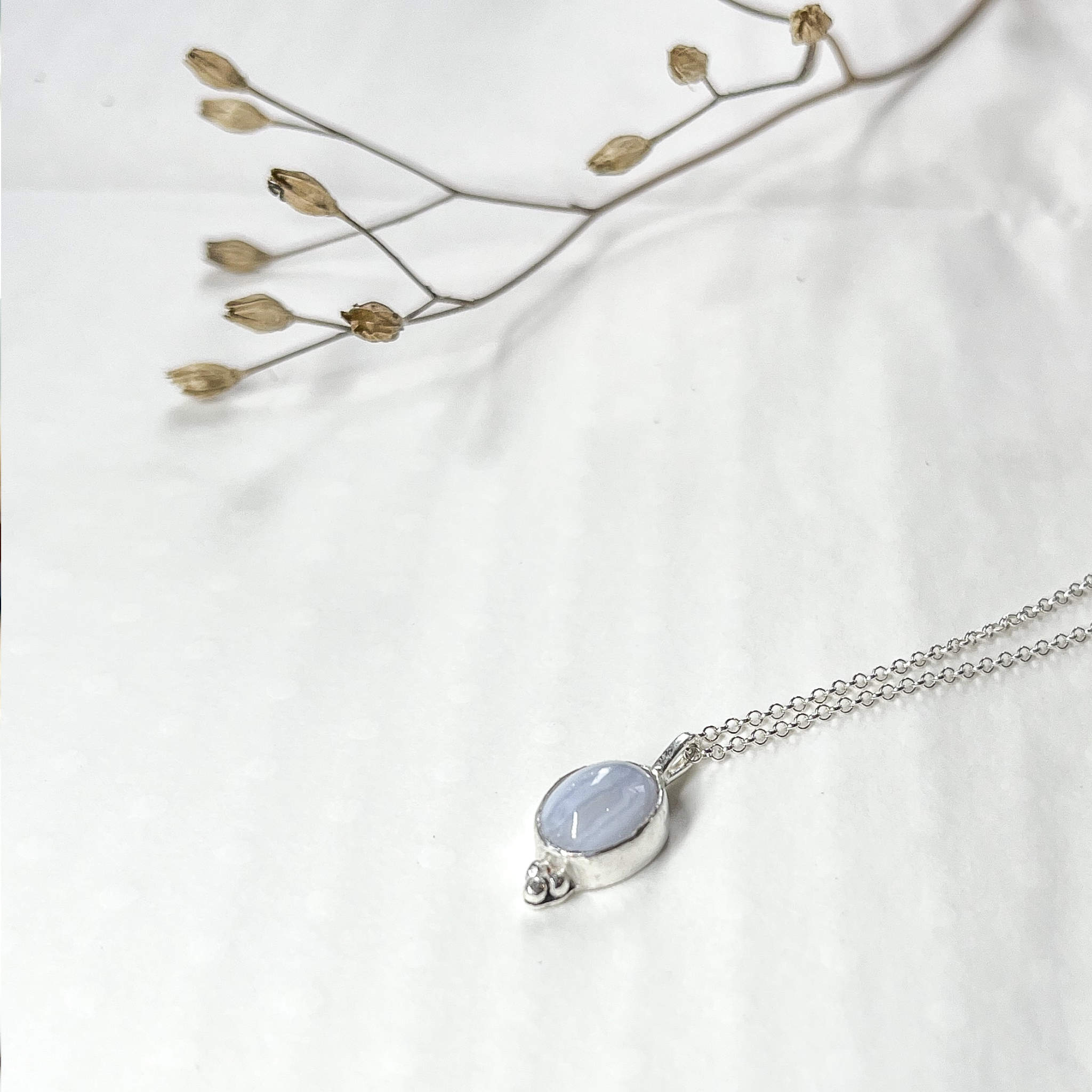 Sterling Silver Blue Lace Agate Oval Cabochon Necklace