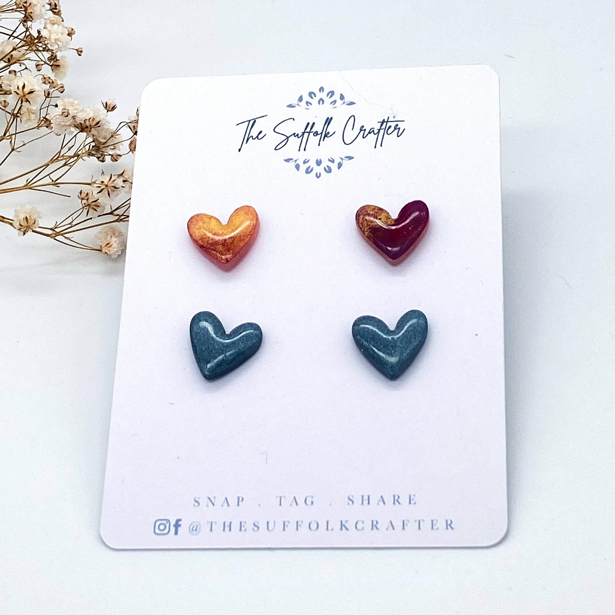 2 Pairs of Heart Shaped Stud Earrings - The Suffolk Crafter