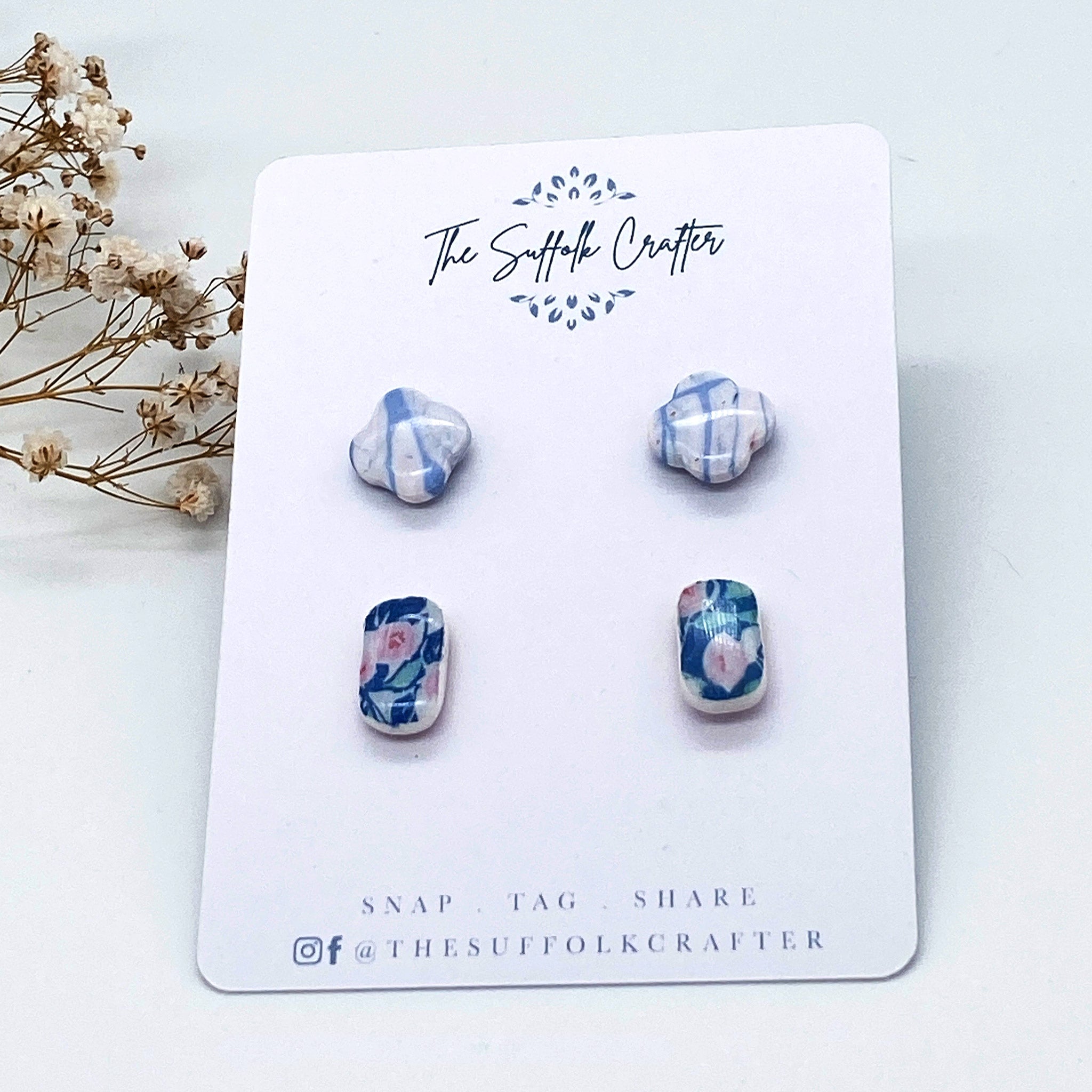 2 Pairs of Pink and Blue Floral Stud Earrings - The Suffolk Crafter
