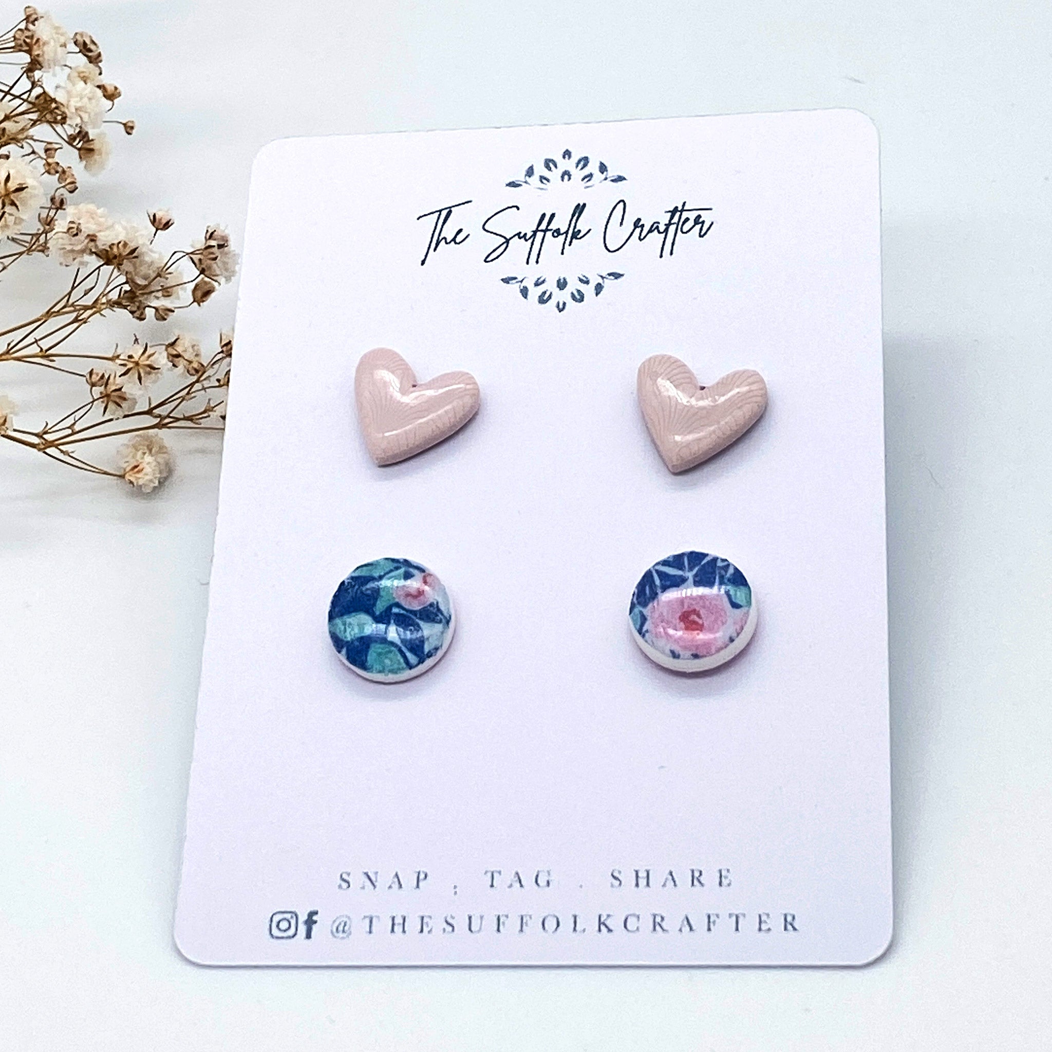 2 Pairs of Pink Heart and Floral Stud Earrings - The Suffolk Crafter