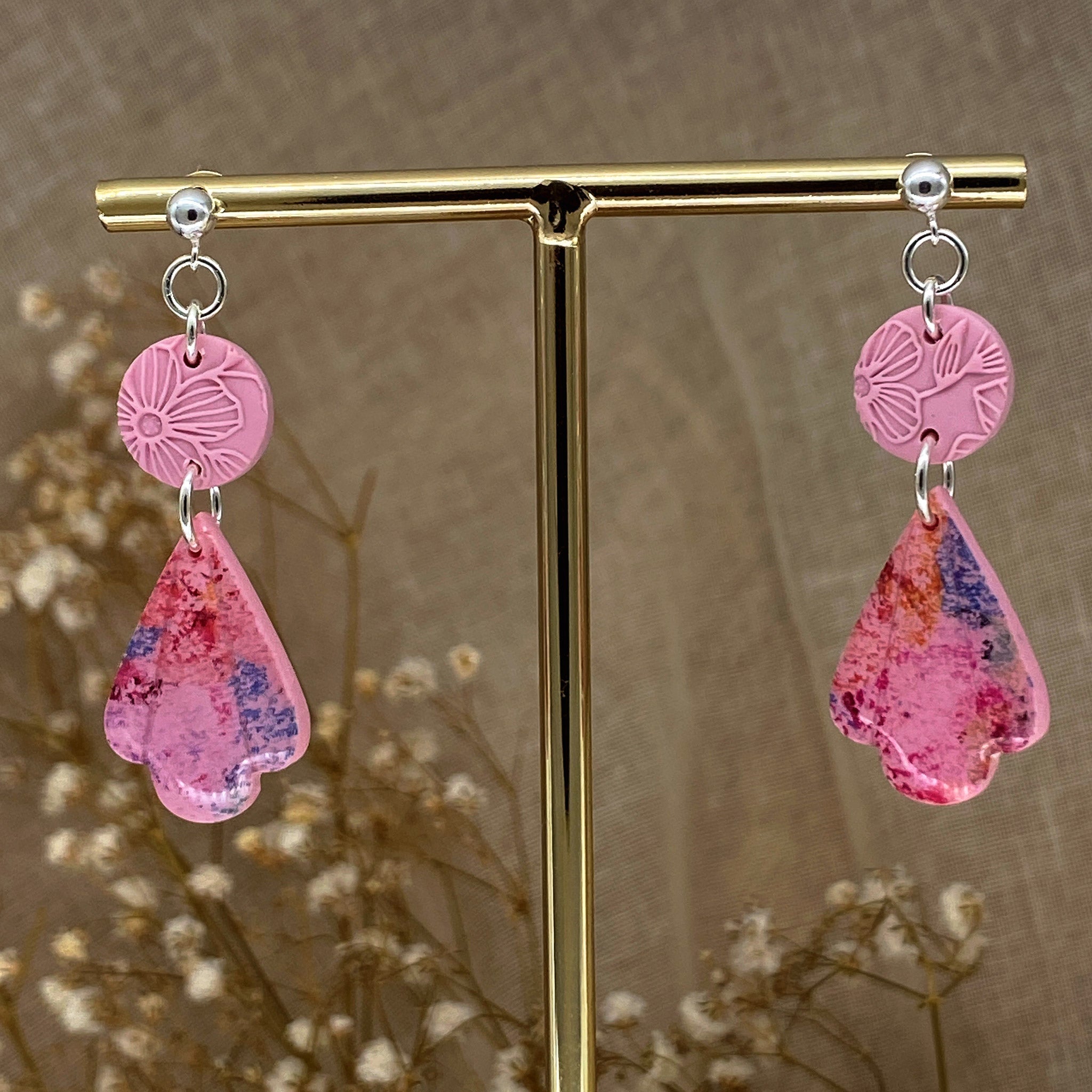 Baby Pink and Warm Floral Petal Double Drop Earrings - The Suffolk Crafter