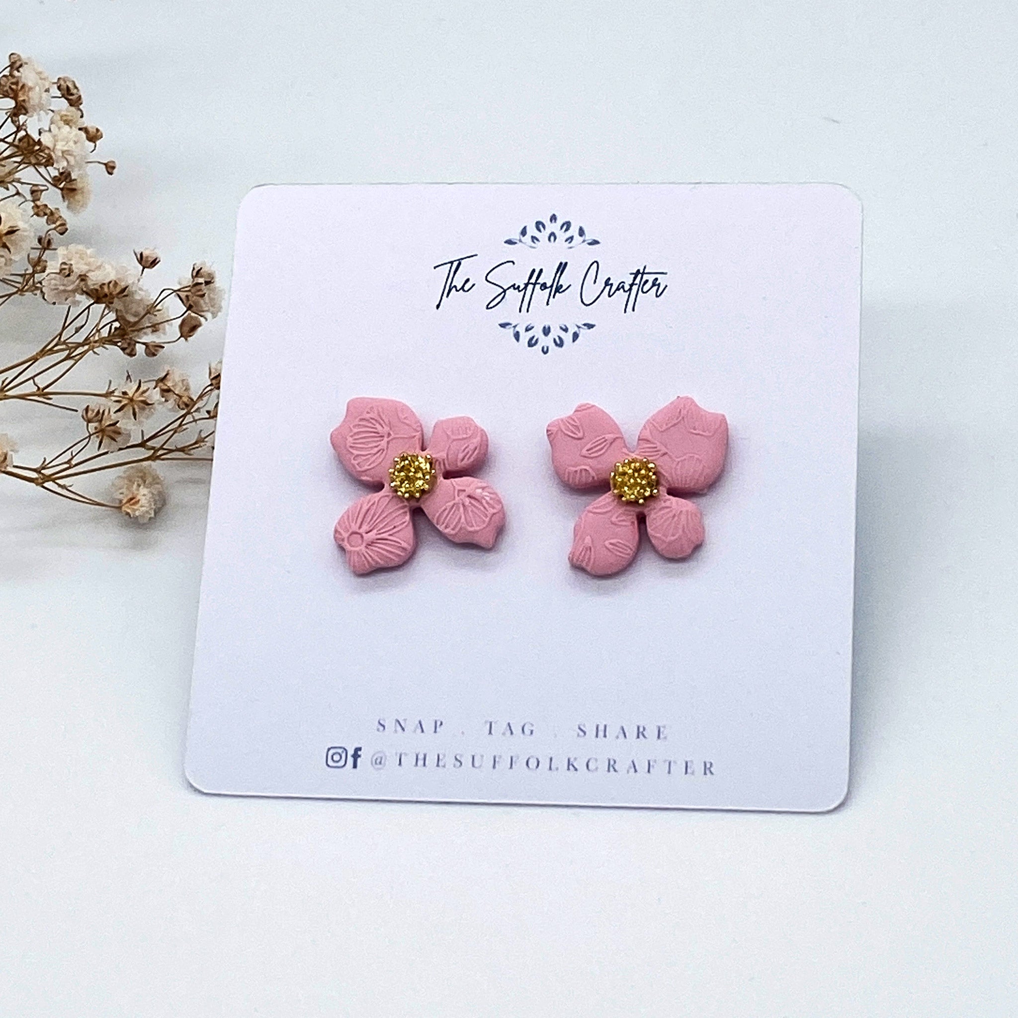 Pastel Pink Flower Embossed Stud Earrings - The Suffolk Crafter
